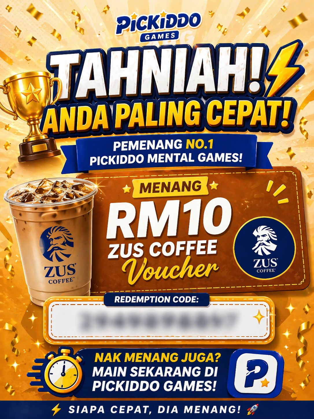 Pemenang No.1 Pickiddo Mental Games — Menang RM10 ZUS Coffee Voucher